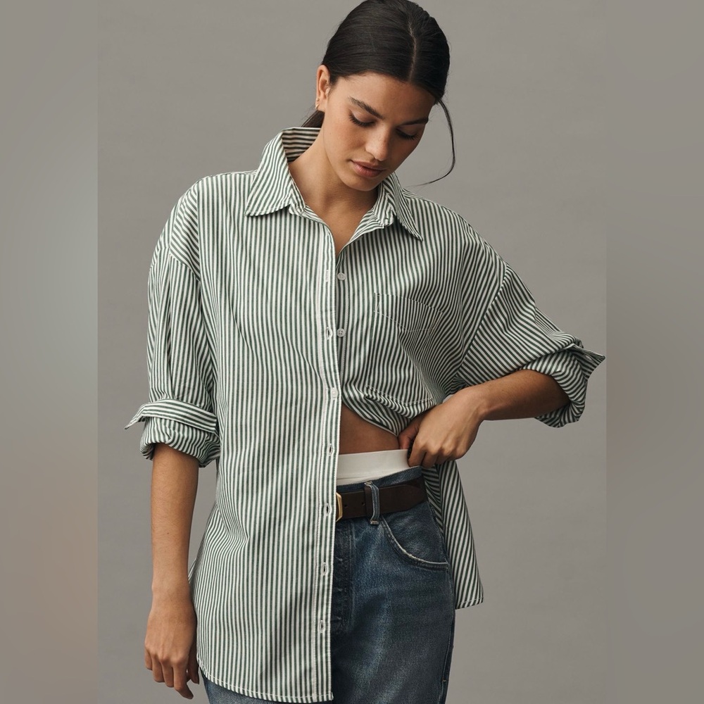Maeve Green and White Striped Button-Down Shirt